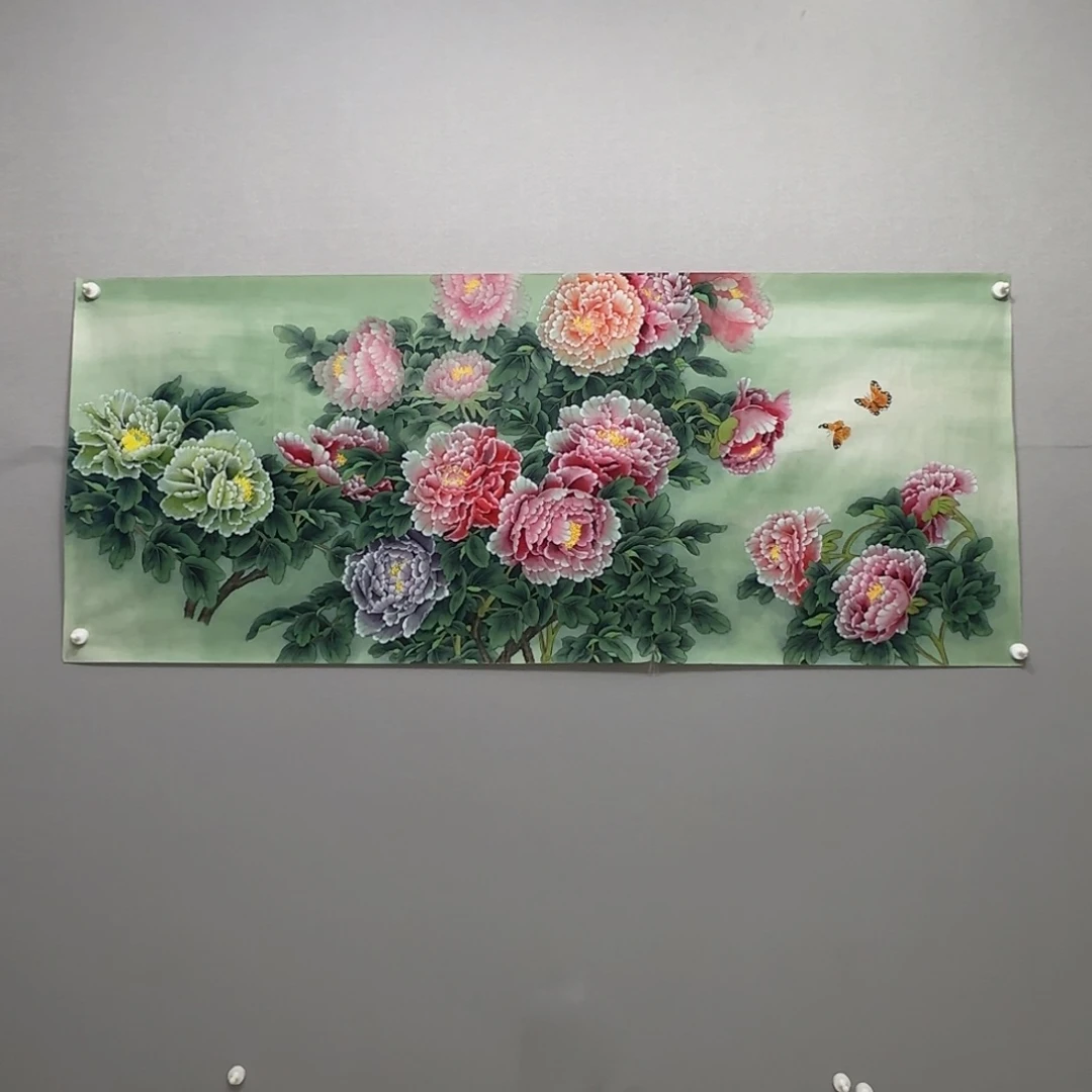 国画横幅六尺工笔牡丹贾敏
