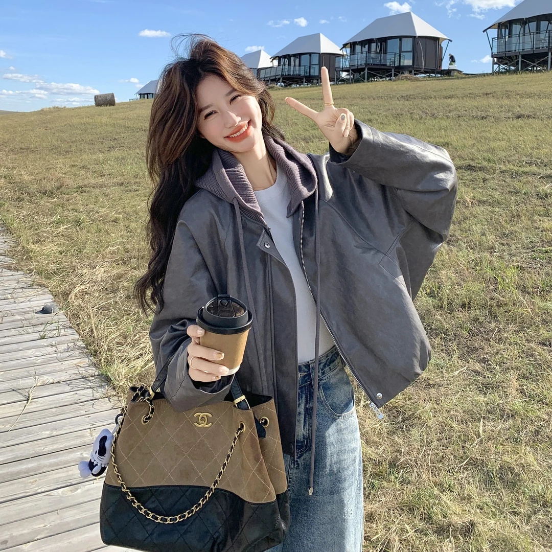 小个子机车皮衣羽绒服女冬季2025新款小个子针织酷飒风白鸭绒外套