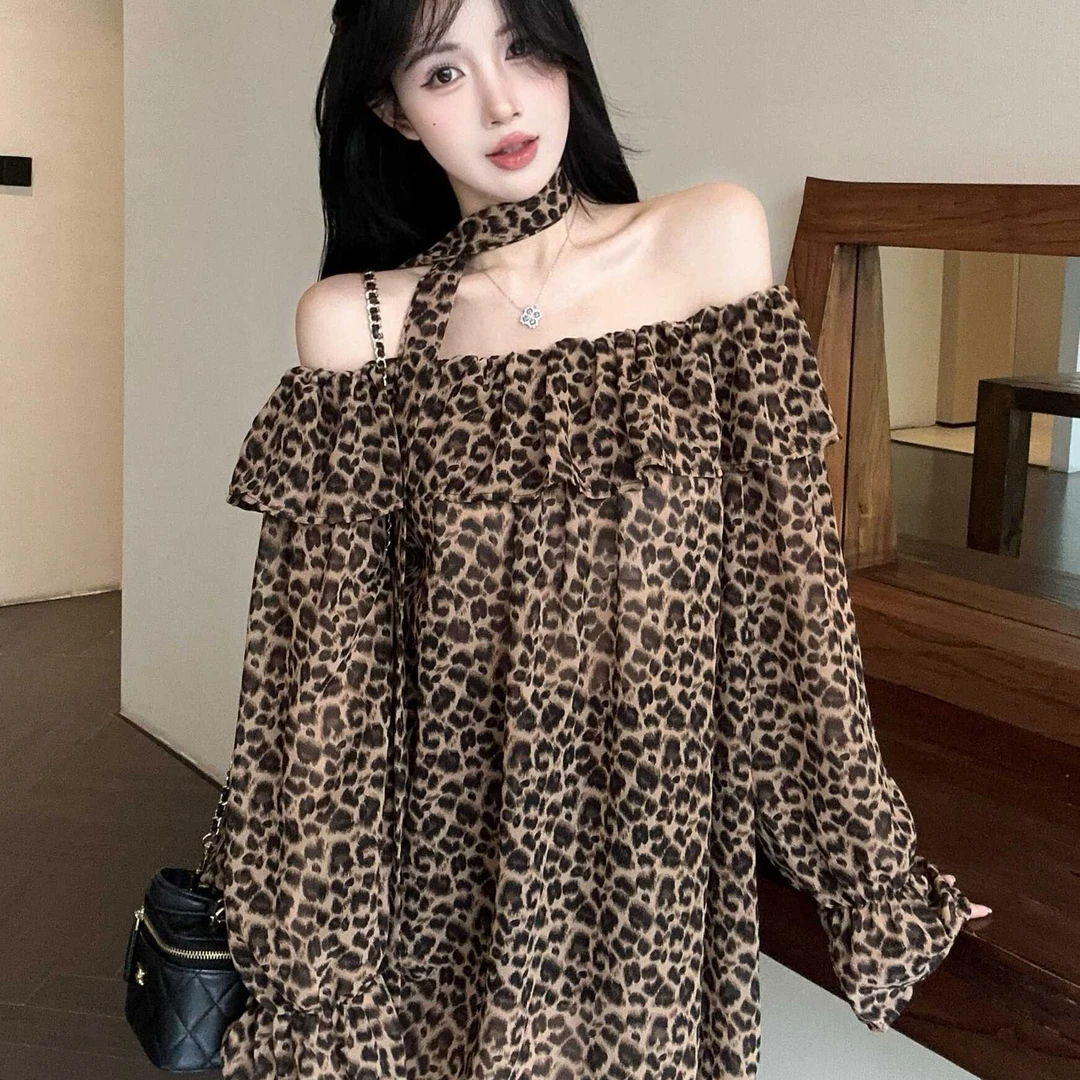 秋辣妹雪纺豹纹连衣裙绑带宽松显瘦一字领露肩长袖裙子收腰裙子
