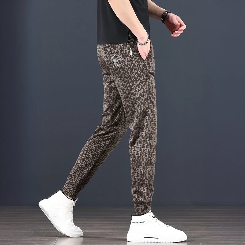 约蒂宾弗夏季提花裤子男韩版修身束脚卫裤春夏休闲裤咖色小脚裤