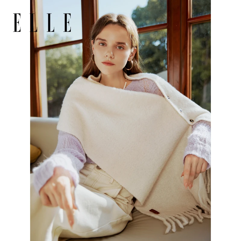 ELLE【专属】羊毛围巾慵懒感披肩保暖时尚百搭外搭加厚D34WE24015