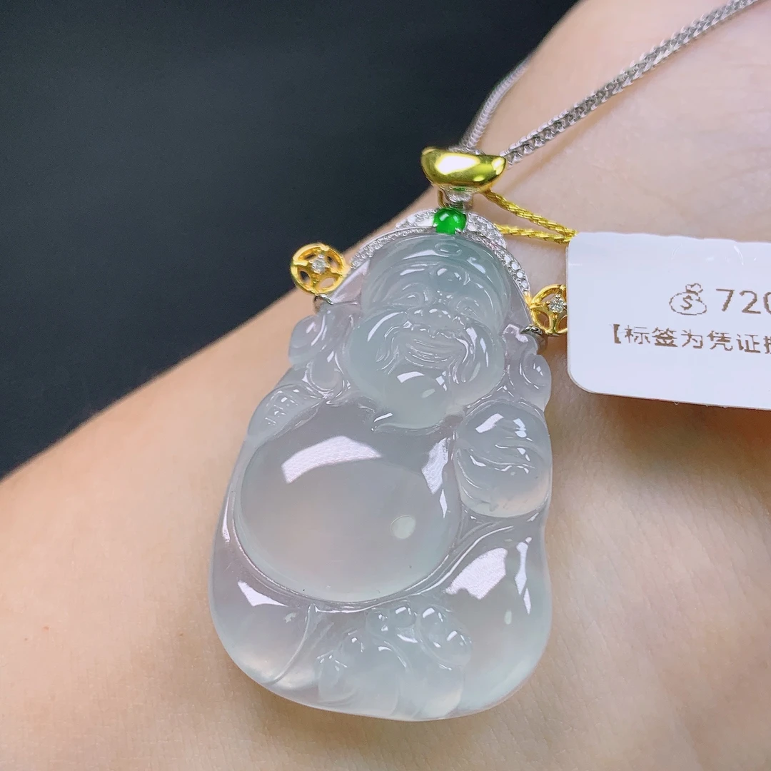 天然缅甸A货翡翠冰种金帽子财神爷吊坠男女士精品时尚好料子
