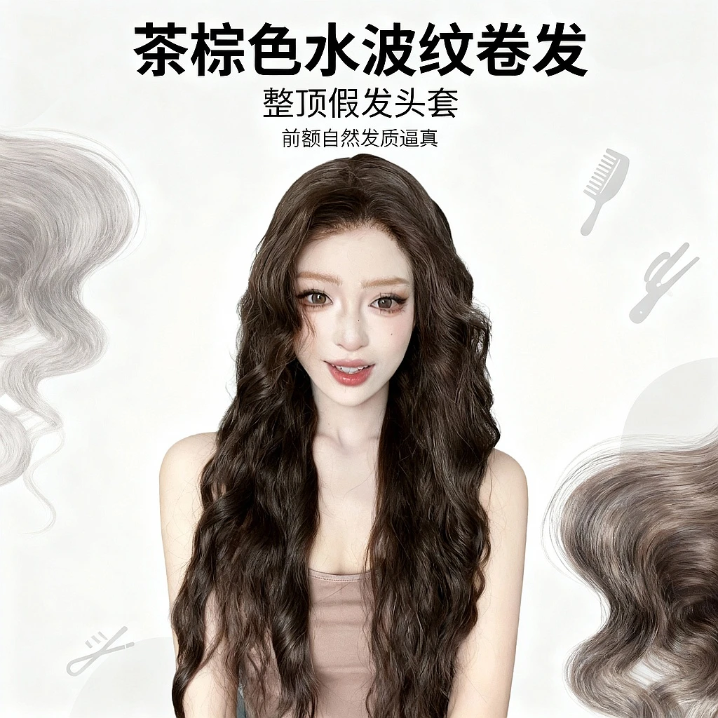 妍公子专属《若楠卷卷》茶棕色水波纹卷发大面积进口丝假发头套