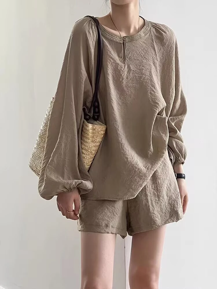 休闲套装女2025夏新款宽松显瘦长袖防晒衬衫阔腿短裤时尚两件套女