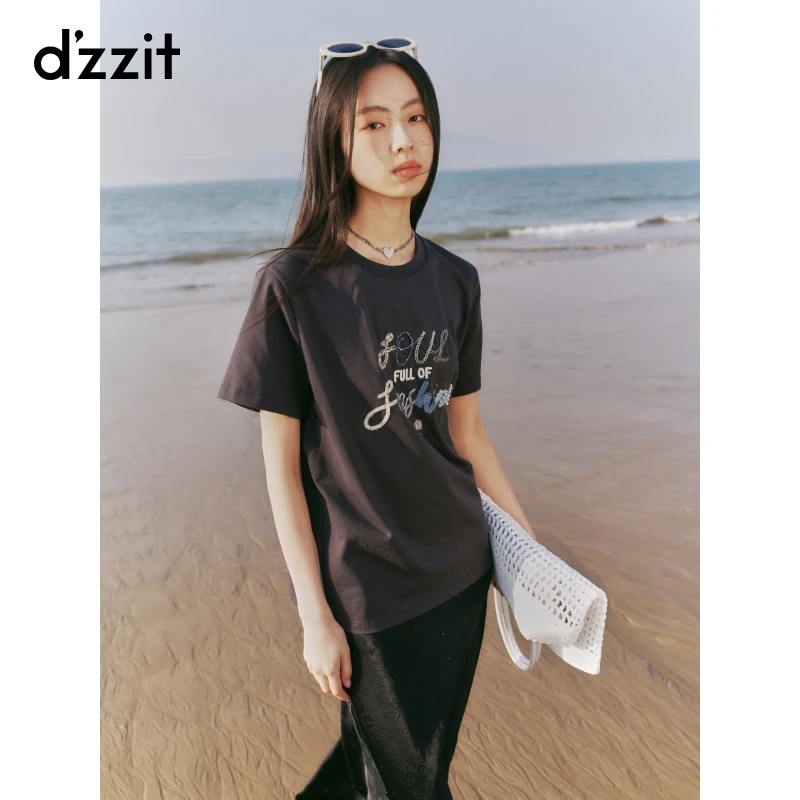 【商场同款】dzzit地素短袖T恤夏季钉珠字母上衣女3J2B3201F