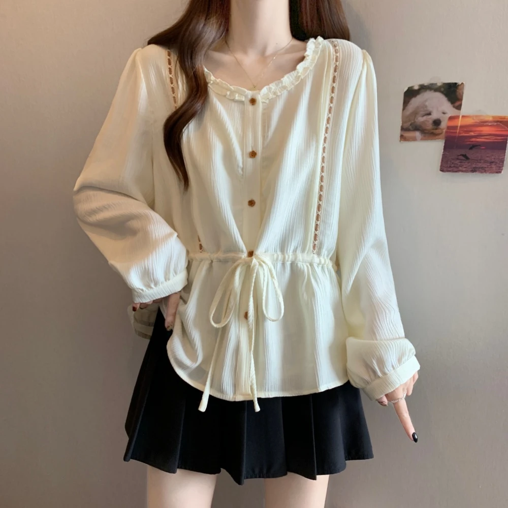 法式独特木耳边长袖T恤女早秋2025新款大码胖mm宽松遮肚小衫上衣