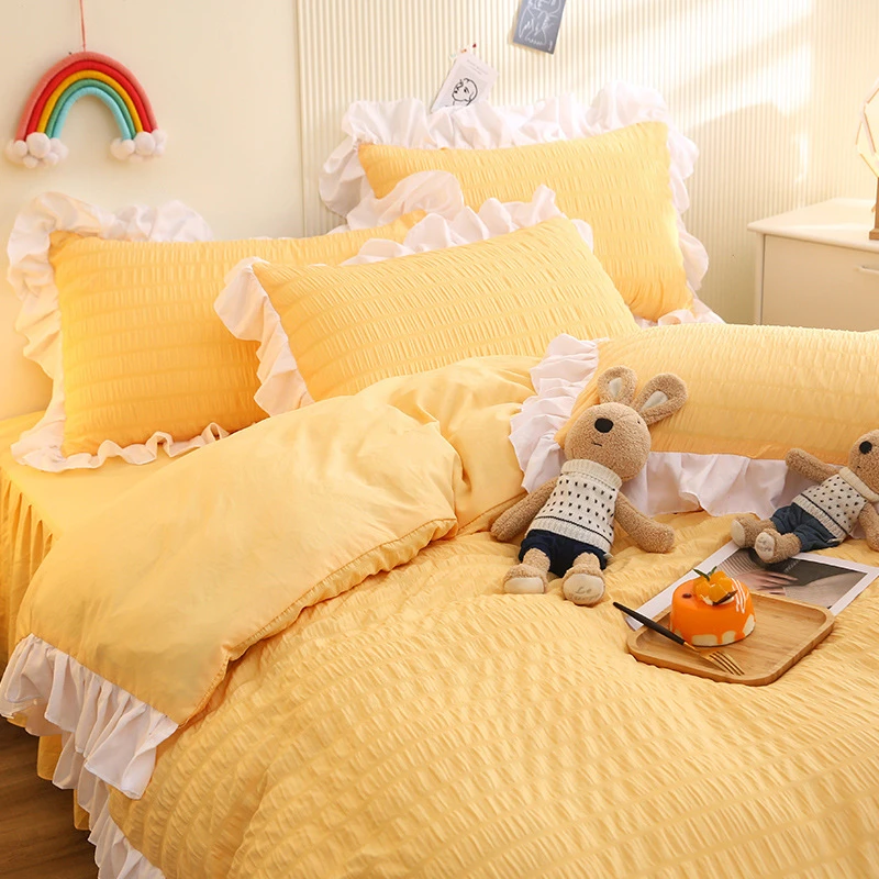 韩版荷叶边 泡泡纱泡芙花边 床裙四件套女公主床罩水洗棉床上用品