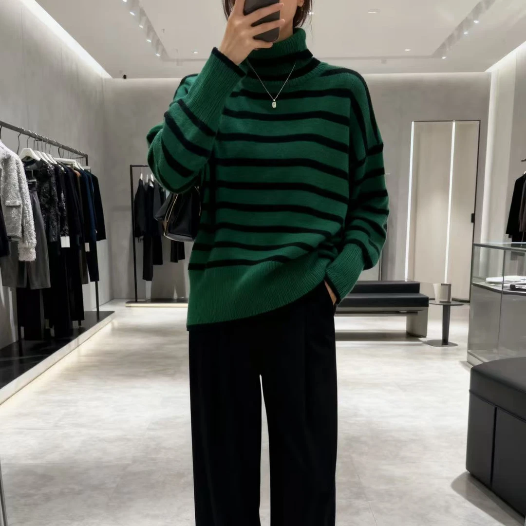 纯蜜熊勿机洗~胸114-200长61套头高领厚毛衣条纹针织上衣 4195