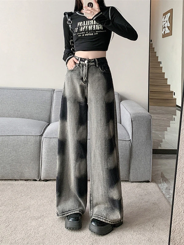 牛仔布纽扣常规复古重工扎染牛仔裤女宽松直筒裤长裤自然腰耐磨