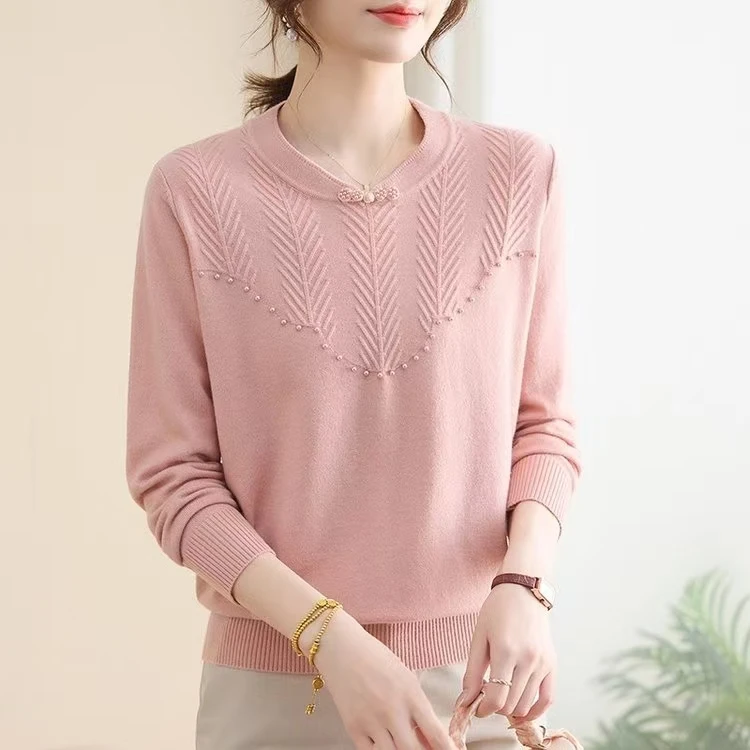 妈妈薄款春秋纯色针织长袖上衣秋装套头毛衣女装打底衫8803