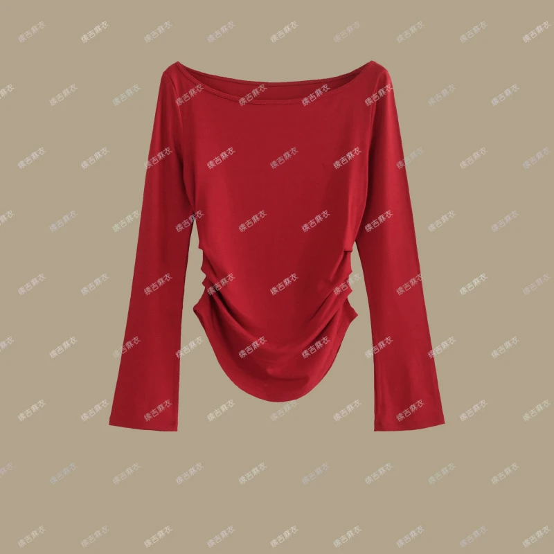 春-原创设计24-2223可日常女长袖一字肩侧边抽褶弧形可运动上衣