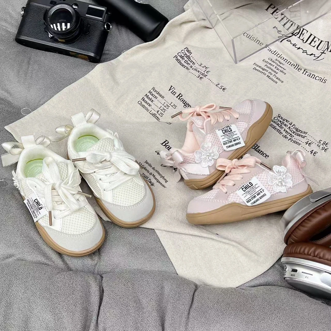星妈专属 春季新款儿童运动鞋潮流女童蝴蝶结花朵双网鞋休闲板鞋