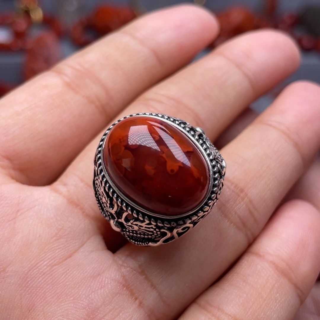 南红玛瑙银S925镶嵌珠宝奇石戒指
