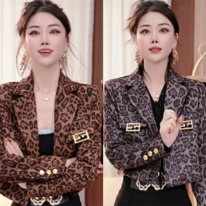 港风短款豹纹西装外套新款韩版英伦显瘦百搭长袖小西服