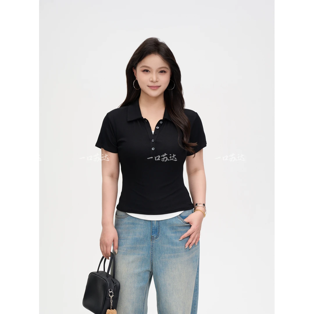 POLO拼接 韩系ins慵懒风洋气女装百搭舒适显瘦拼接短袖A78