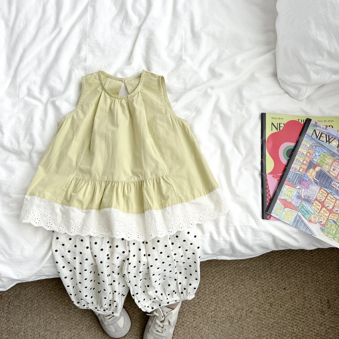 （现货）女童夏季无袖套装薄款女孩波点裤娃娃衫两件套RYTXW55903
