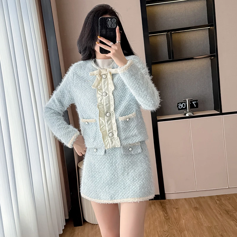 xyy2520富家千金小香风套装女2025秋冬蓝色外套高腰半身裙两件套