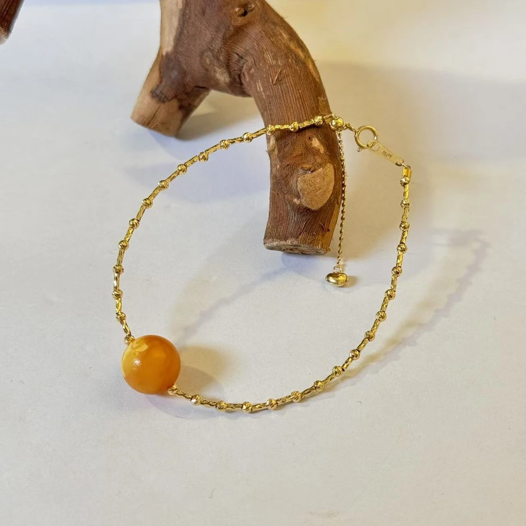 【景润】琥珀橘皮石膏蜡蜜蜡18k可调节手镯链单圈手串 多样性发其一