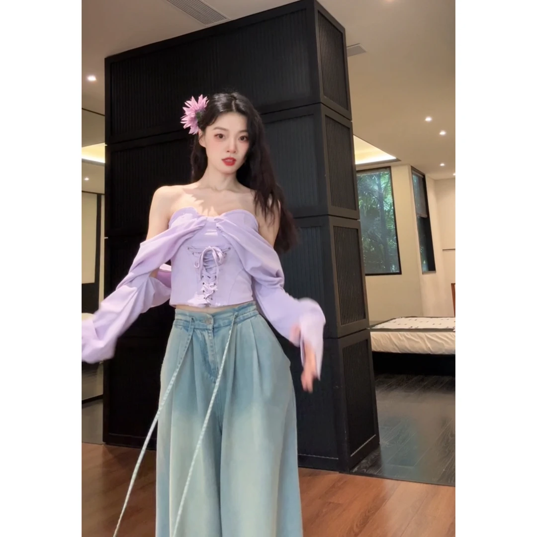 Seven七分糖法式紫色鱼骨系带长袖衬衫女设计感修身显瘦上衣