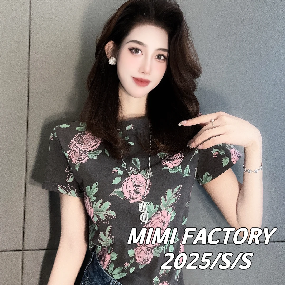 2025新款短袖 欧货满印玫瑰设计短袖T恤女显瘦百搭上衣#3260
