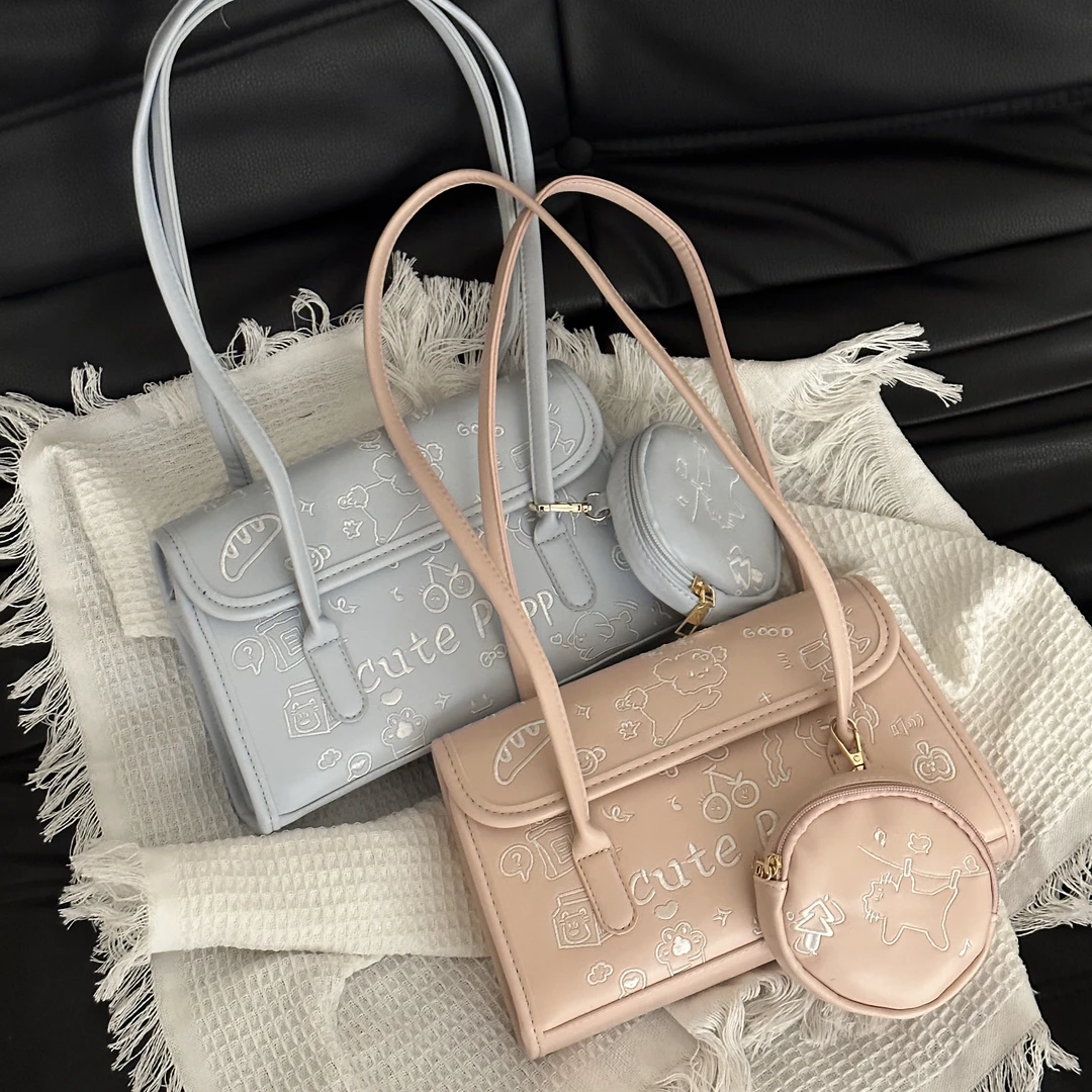 2025春季新款法棍包可单肩背腋下包子母包刺绣漫画风多巴胺系女包