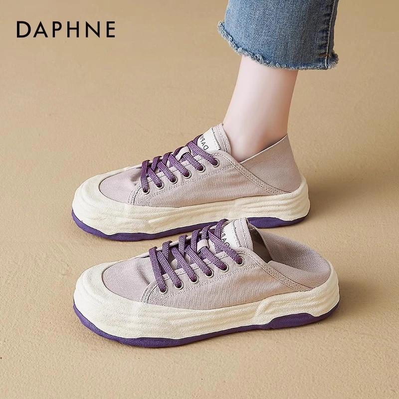 达芙妮帆布鞋女2025新款春秋一脚蹬女鞋软底懒人半拖运动小白鞋子