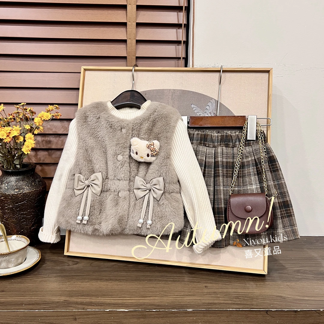 2025冬季新款女童韩版洋气甜美时尚毛毛马甲保暖KT三件套装25879