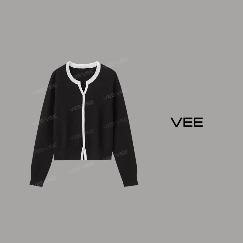 短视频VEE【蓝玻璃】针织长袖渐变撞色针织衫女士百搭小开衫