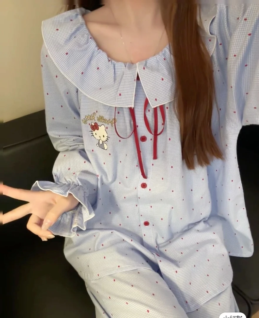 甜美蓝色格子娃娃领睡衣女2025春款