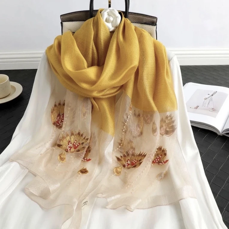 黄色佛手175*75丝巾苏绣披肩百搭四季