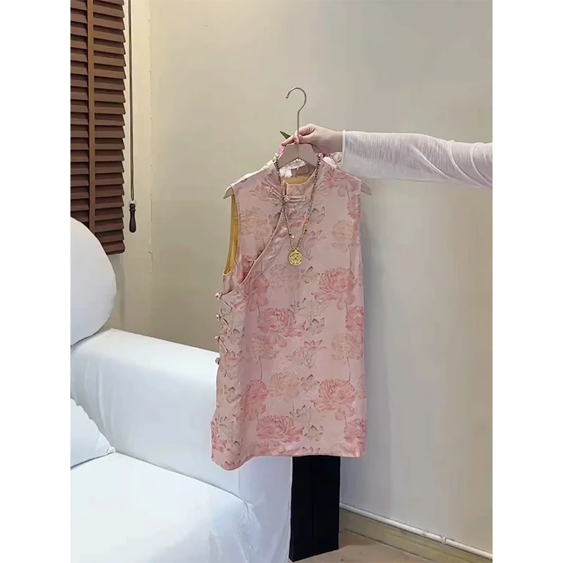 中式国风粉色提花无袖衬衫女装2025新款独特漂亮盘扣改良唐装上衣