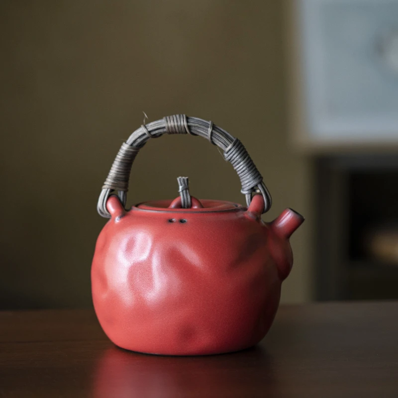 【梵山堂】红色听云提梁壶陶瓷手工捏制（W0033）