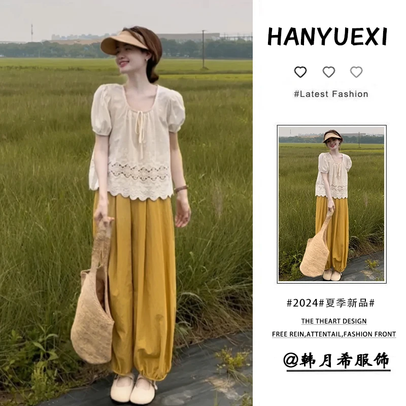 夏季穿搭一整套女2025新款韩版气质复古短袖上衣显瘦休闲裤两件套