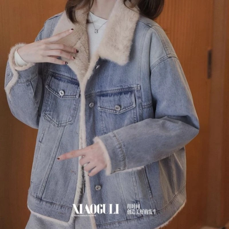 加绒加厚牛仔外套女2025秋冬季新款仿兔韩版宽松保暖休闲复古棉衣