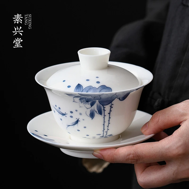 素兴堂羊脂玉瓷手绘三才盖碗单个高档陶瓷带盖泡茶杯大号悬停茶碗