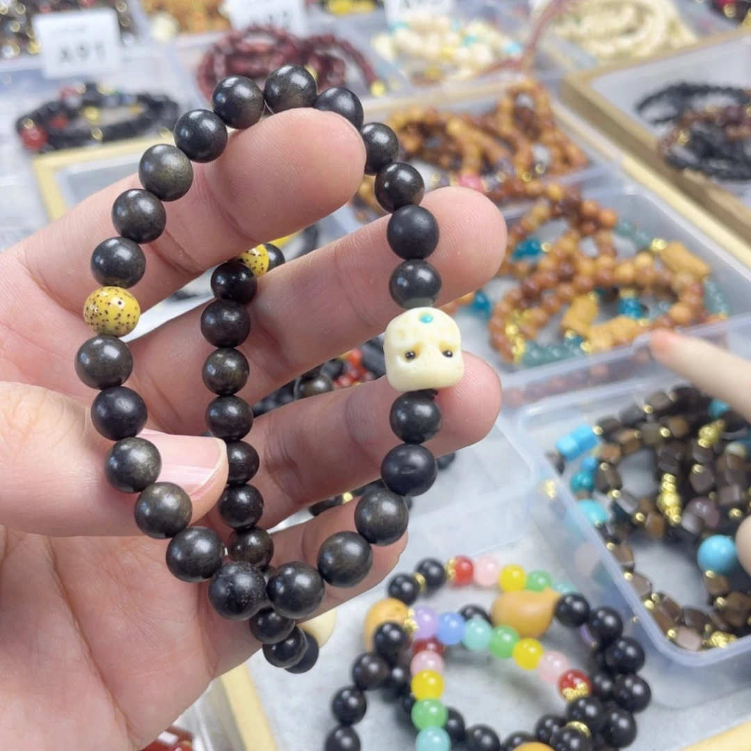 檀香紫檀（小叶紫檀）手串银S925镀金镶嵌