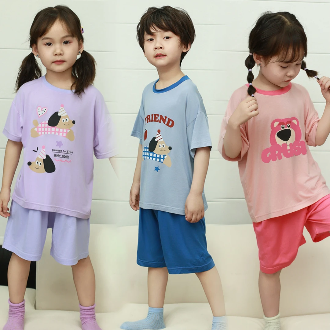 儿童莫代尔短袖短裤夏季薄款短袖新款男童男孩女童家居服空调套装