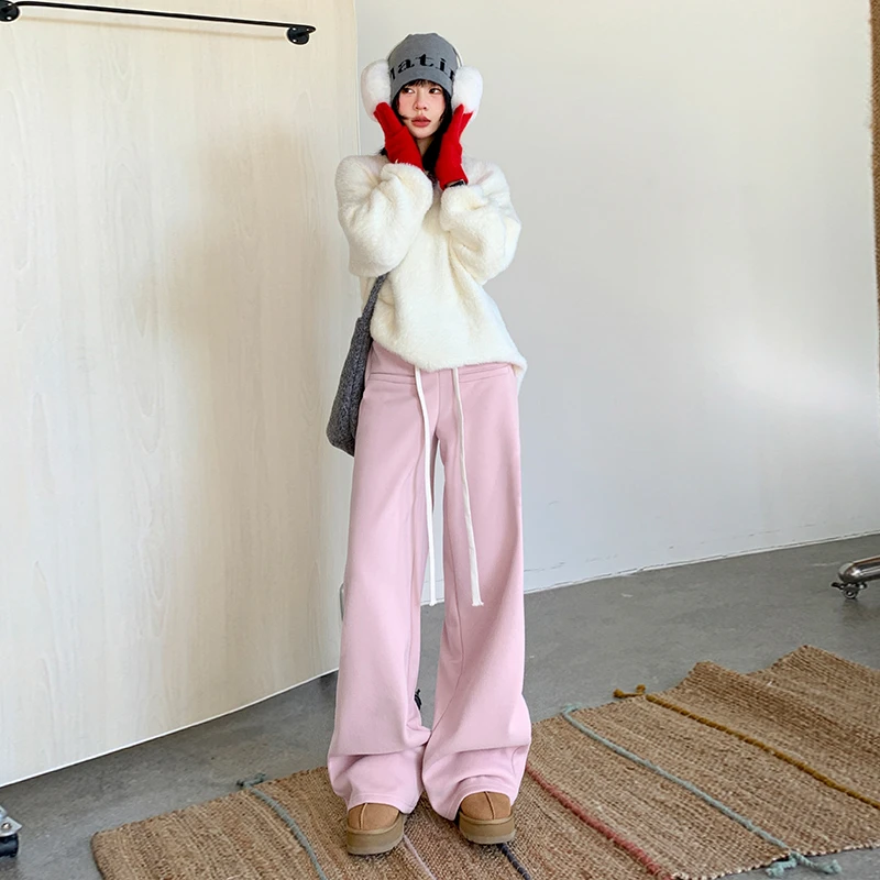 REDR粉紫色直筒阔腿休闲拖地裤女新款垂感松紧腰抽绳卫裤