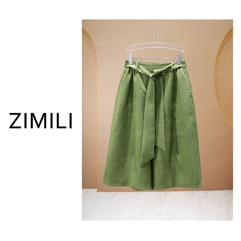 【亮哥女装】2025欧版碧山绿暗提花腰带阔腿休闲短裤9862