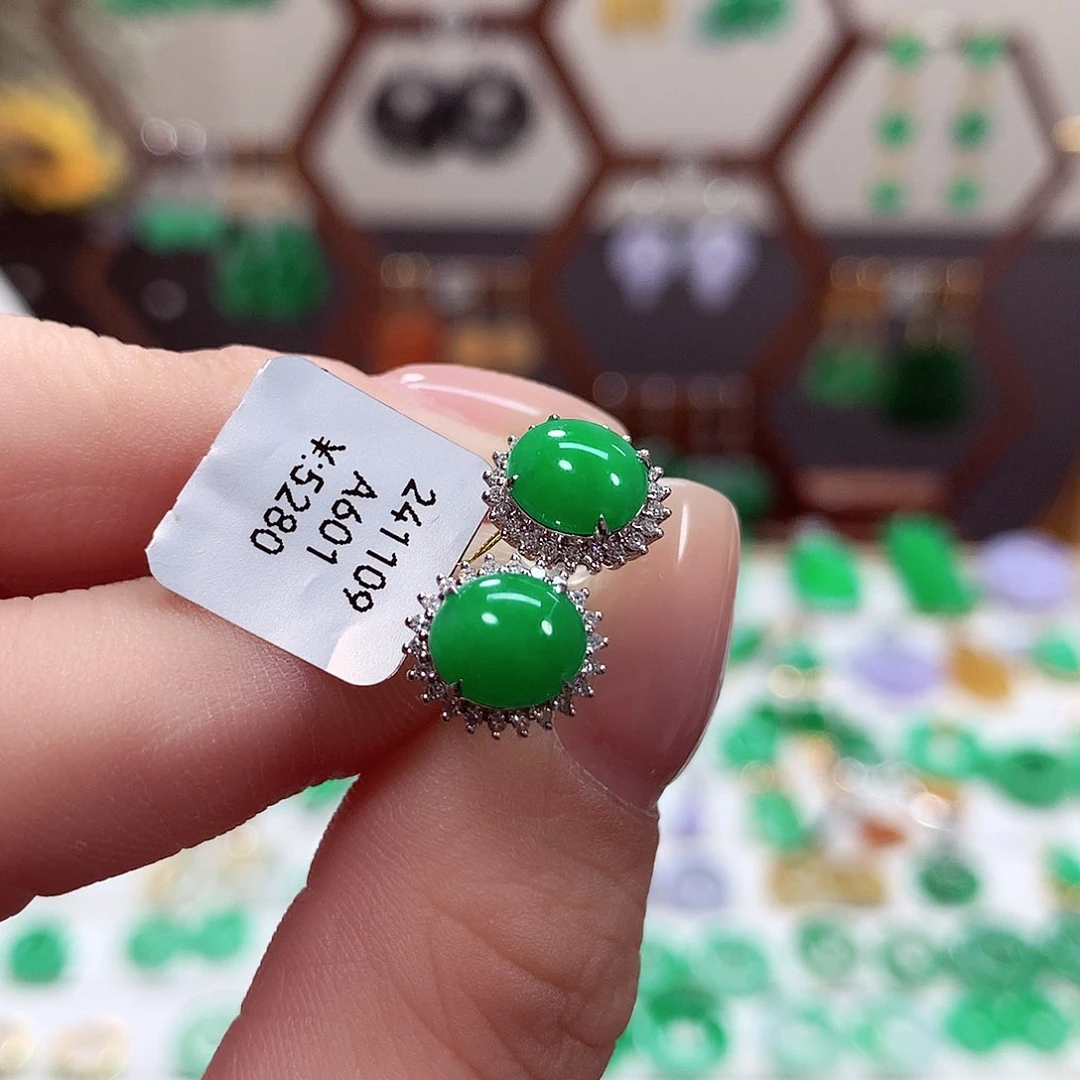 翡翠耳饰18K金镶嵌天然翡翠