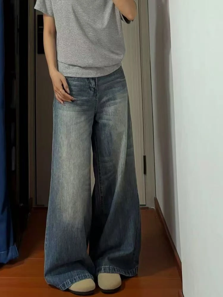 【硌】复古水洗阔腿牛仔裤女美式高街高腰宽松拖地裤显瘦长裤