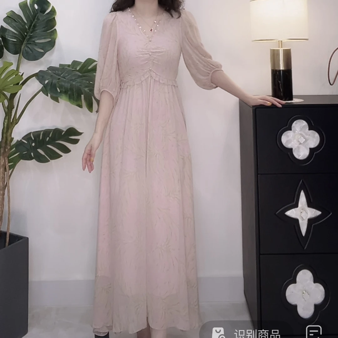 夏季新款彬彬家重工V领收腰显瘦气质碎花桑蚕丝连衣裙时尚大摆裙