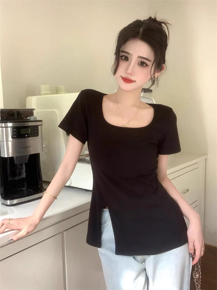 短袖T恤夏季宽松方领短袖上衣夏季短款修身韩版开叉设计感