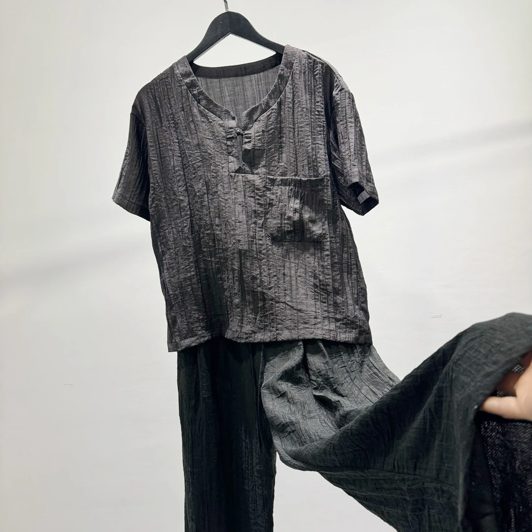 夏季褶皱高级感舒适新中式短袖体恤套装男士潮牌宽松百搭两件套
