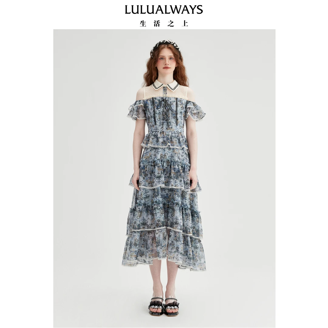 LULUALWAYS【商场同款】25夏季新款法式优雅风气质蕾丝蛋糕连衣裙