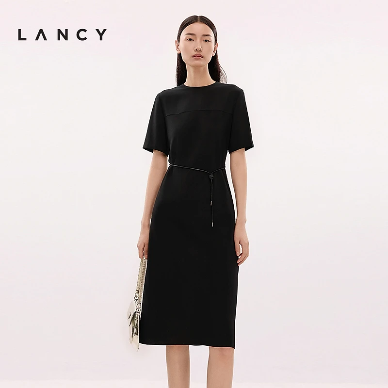 LANCY/朗姿2025夏季新款高级感短袖收腰显瘦中长款气质连衣裙女