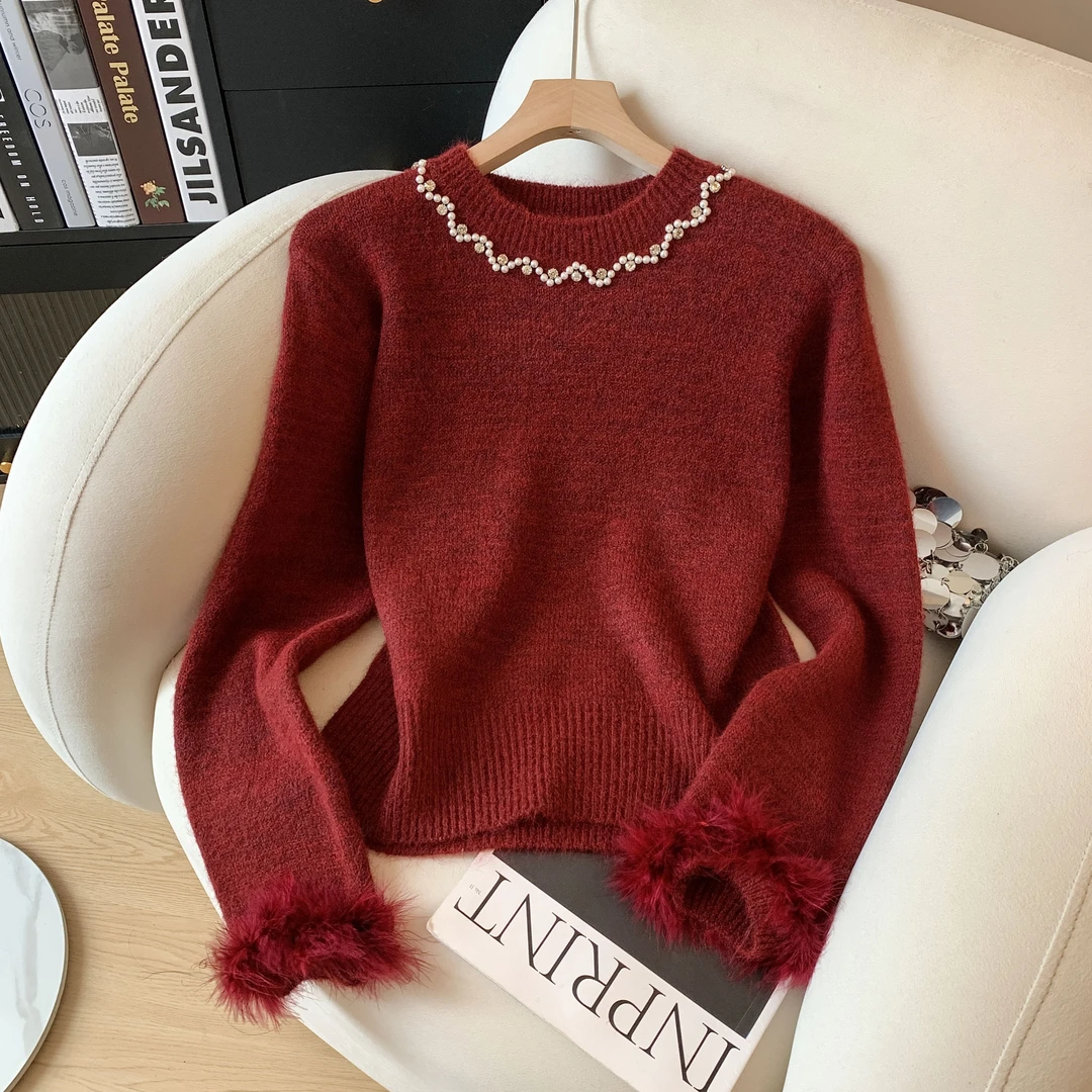 法式圆领小香风钉珠拼接网红时尚毛衣女秋冬新款高级感显瘦针织衫