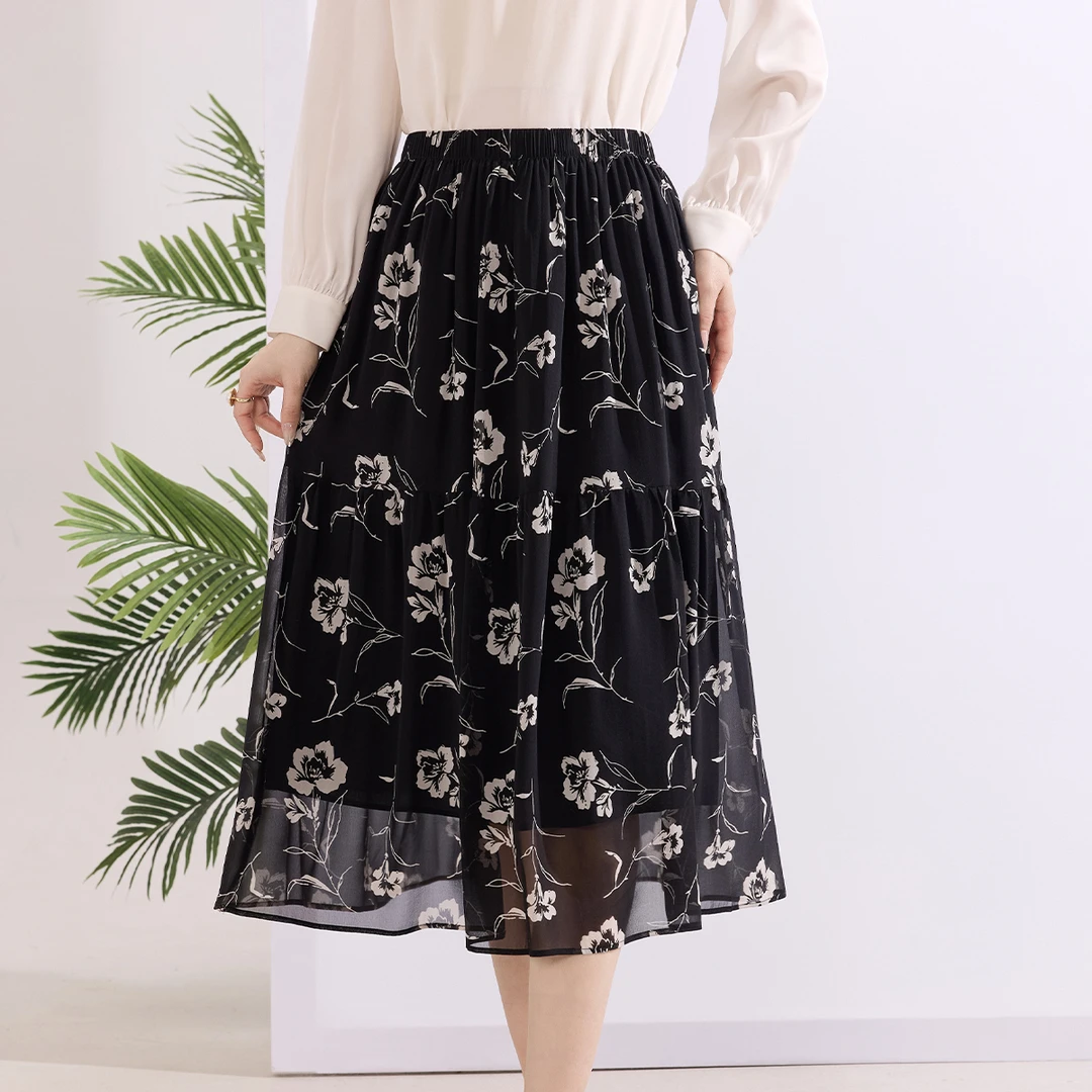 金菊【亲肤桑蚕丝】A字半身裙印花飘逸松紧腰春夏新款女式半截裙