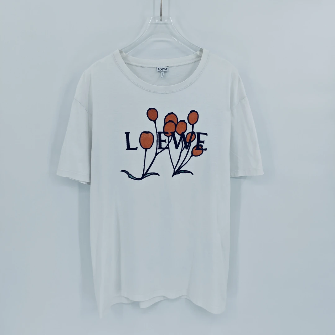 99新 LOEWE/罗意威 白色鲜花字母刺绣套头短袖/XL码/Sw24342
