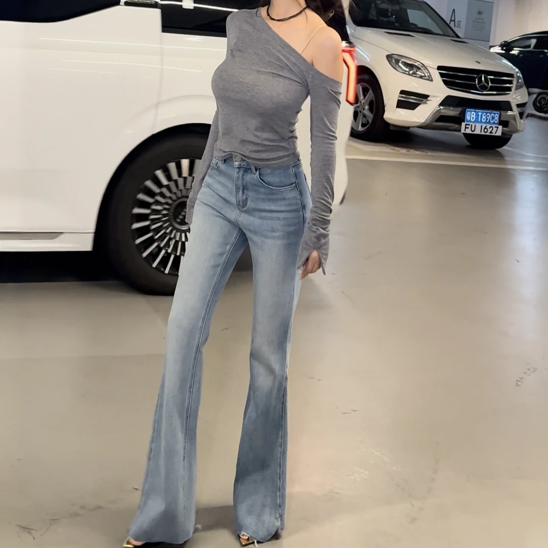 赵灵儿毛边欧美风牛仔裤休闲时尚春秋长裤微喇中腰设计师显瘦长裤